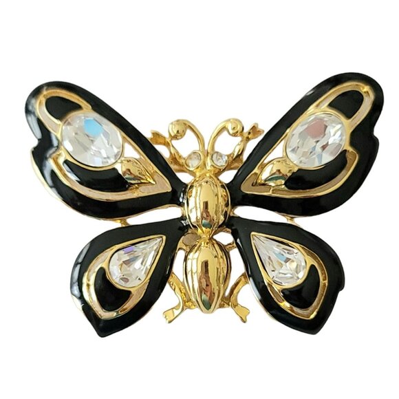 Trifari Gold Tone Clear Rhinestone Black Enamel Butterfly Brooch, Signed M777 - Picture 8 of 8
